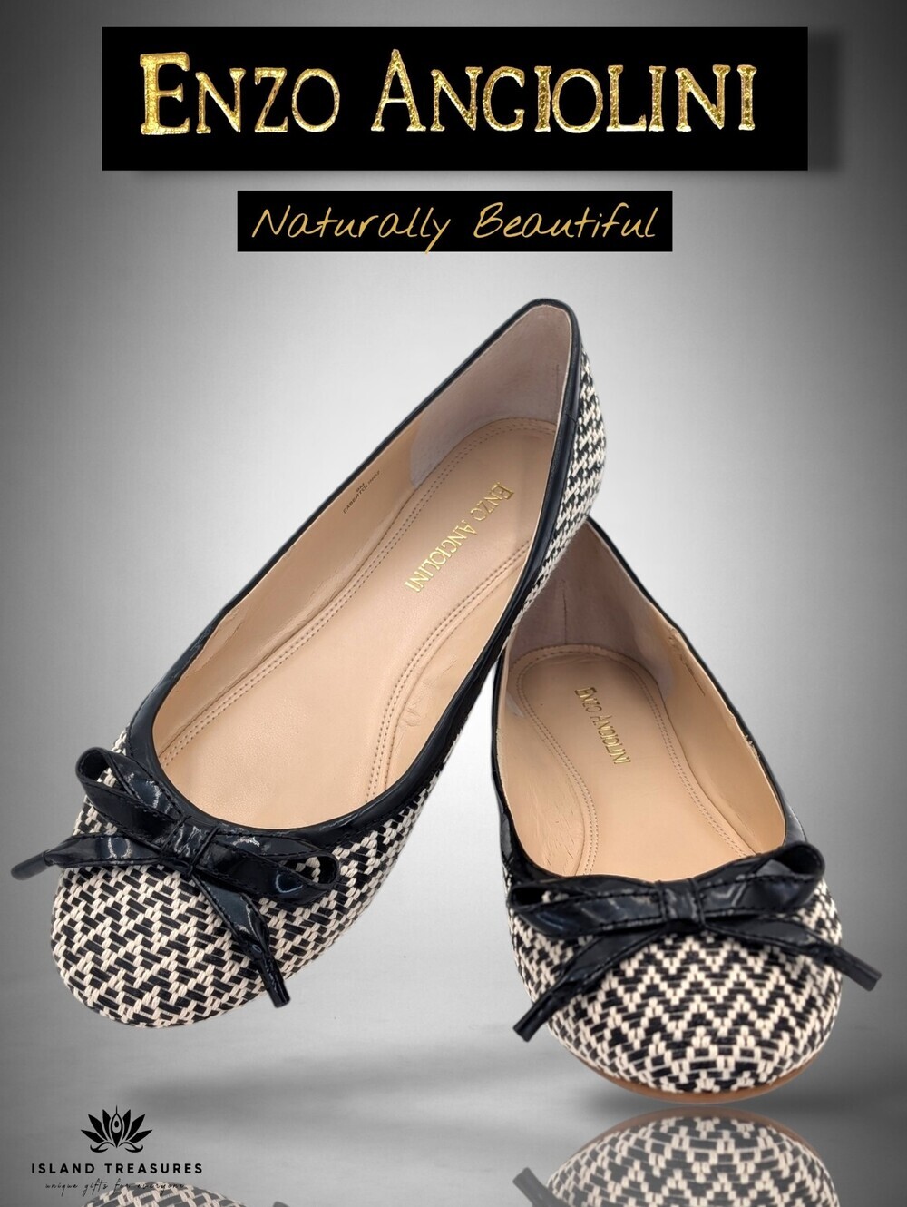 Enzo Angiolini Bertolino Sz 9M Black & White Woven Chanel-Era Patent Leather Bow